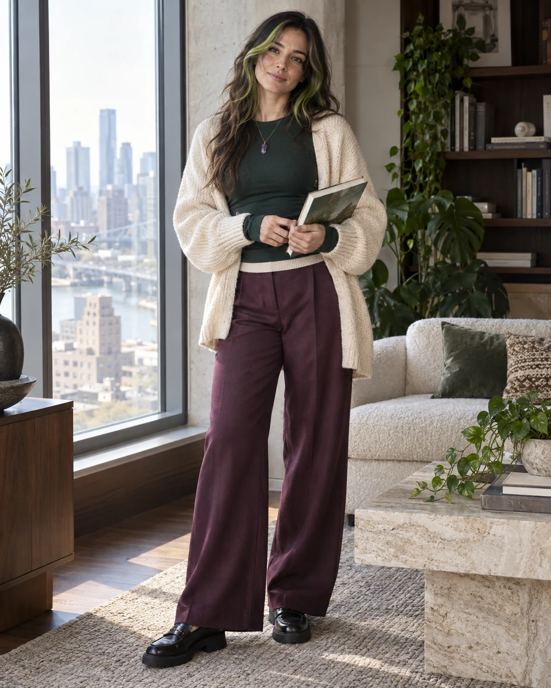 Octavia in Forest, plum and cream lounge set, from an archival sitting