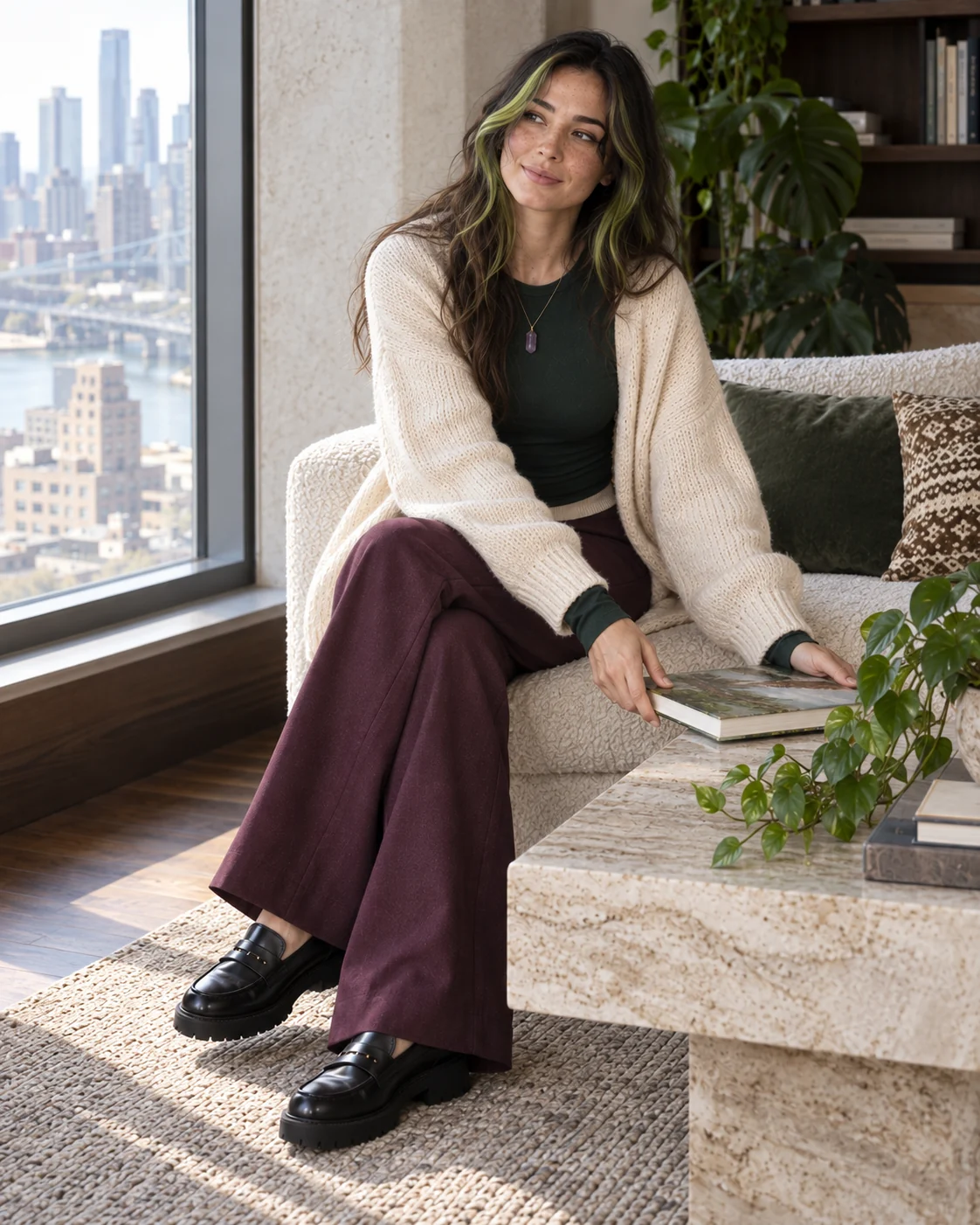 Octavia in Forest, plum and cream lounge set, from an archival sitting