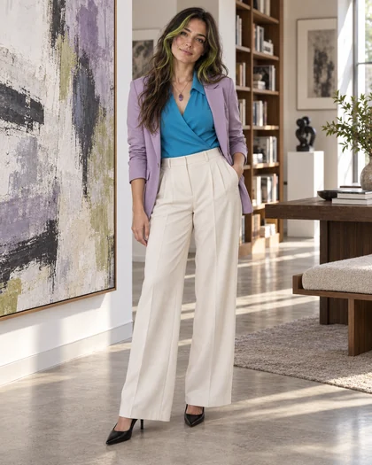 Octavia standing beside an abstract canvas in cyan, cream and lilac tailoring