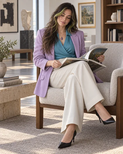 Octavia seated reading an art book in a quiet gallery