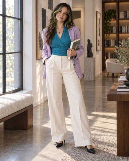 Octavia holding an art book in cyan, cream and lilac tailoring