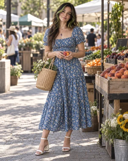 Octavia holding a peach beside a fruit stand in a blue floral dress