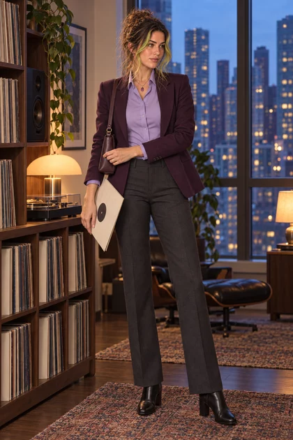 Octavia holding a record sleeve beside the blue-hour music-room window