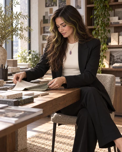 Octavia seated at a design table arranging cream and green fabric swatches