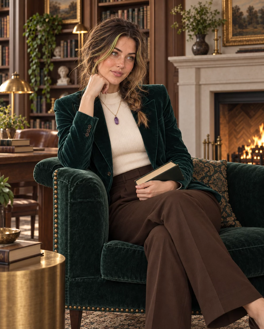 Octavia in Emerald, cream and cocoa library-study archetype, from an archival sitting