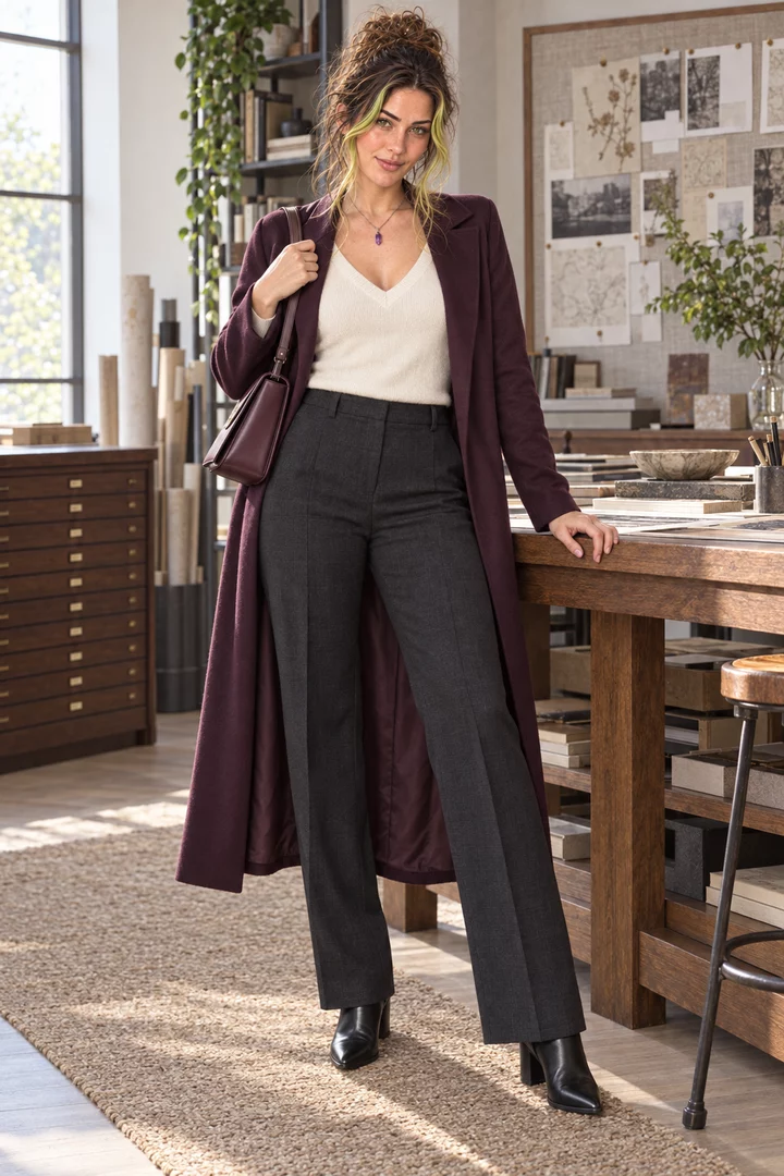 Octavia in cream, charcoal and plum tailoring in a private archive workroom