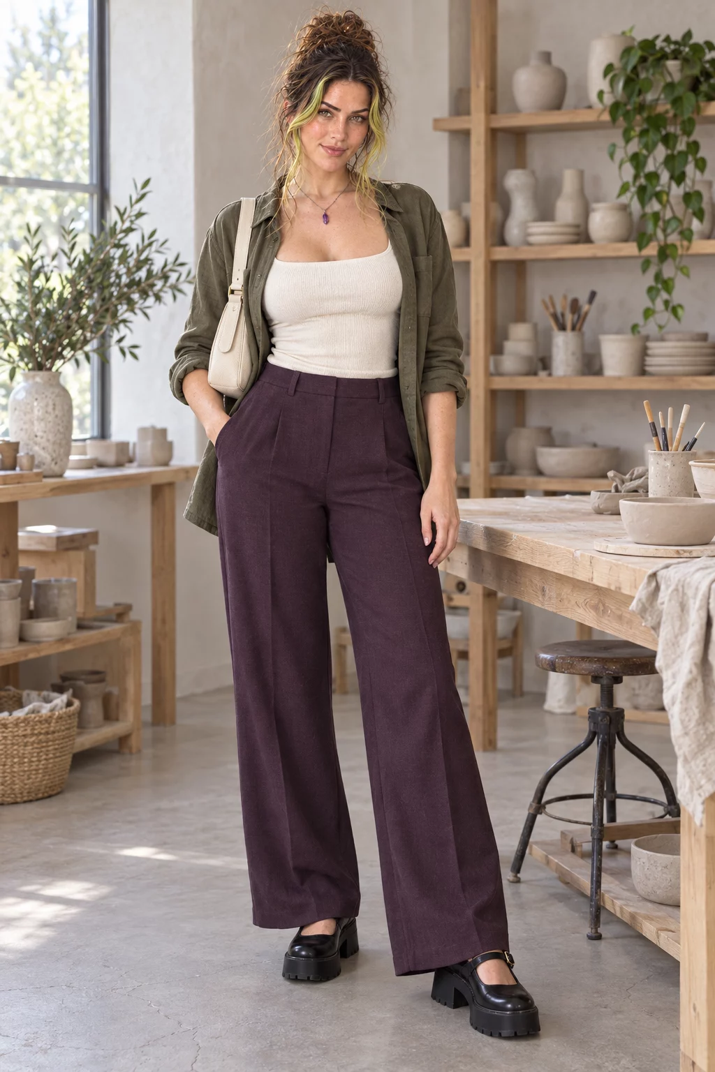 Octavia in Cream, plum and olive ceramics studio, from an archival sitting