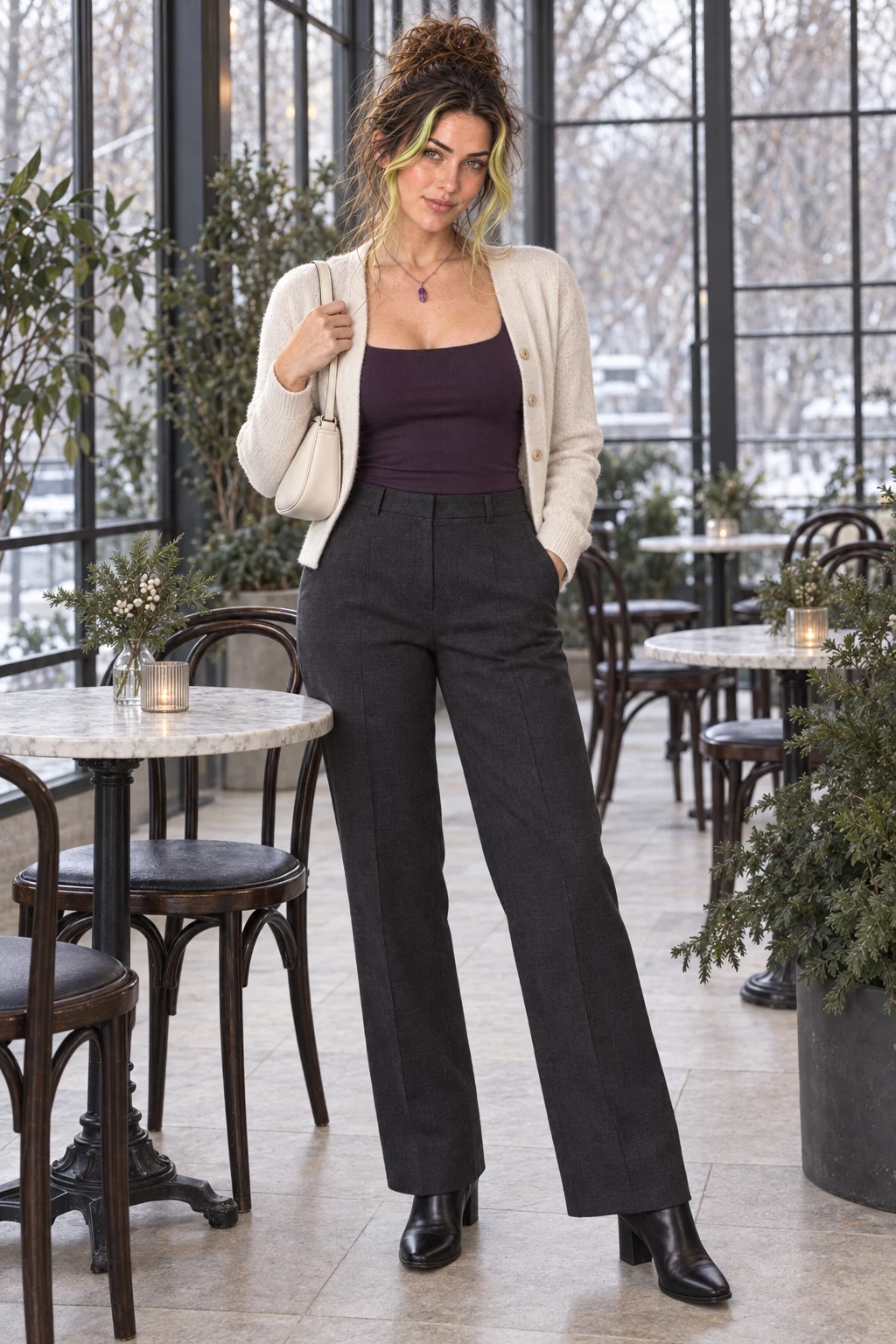 Octavia in Plum, cream and charcoal winter garden café, from an archival sitting