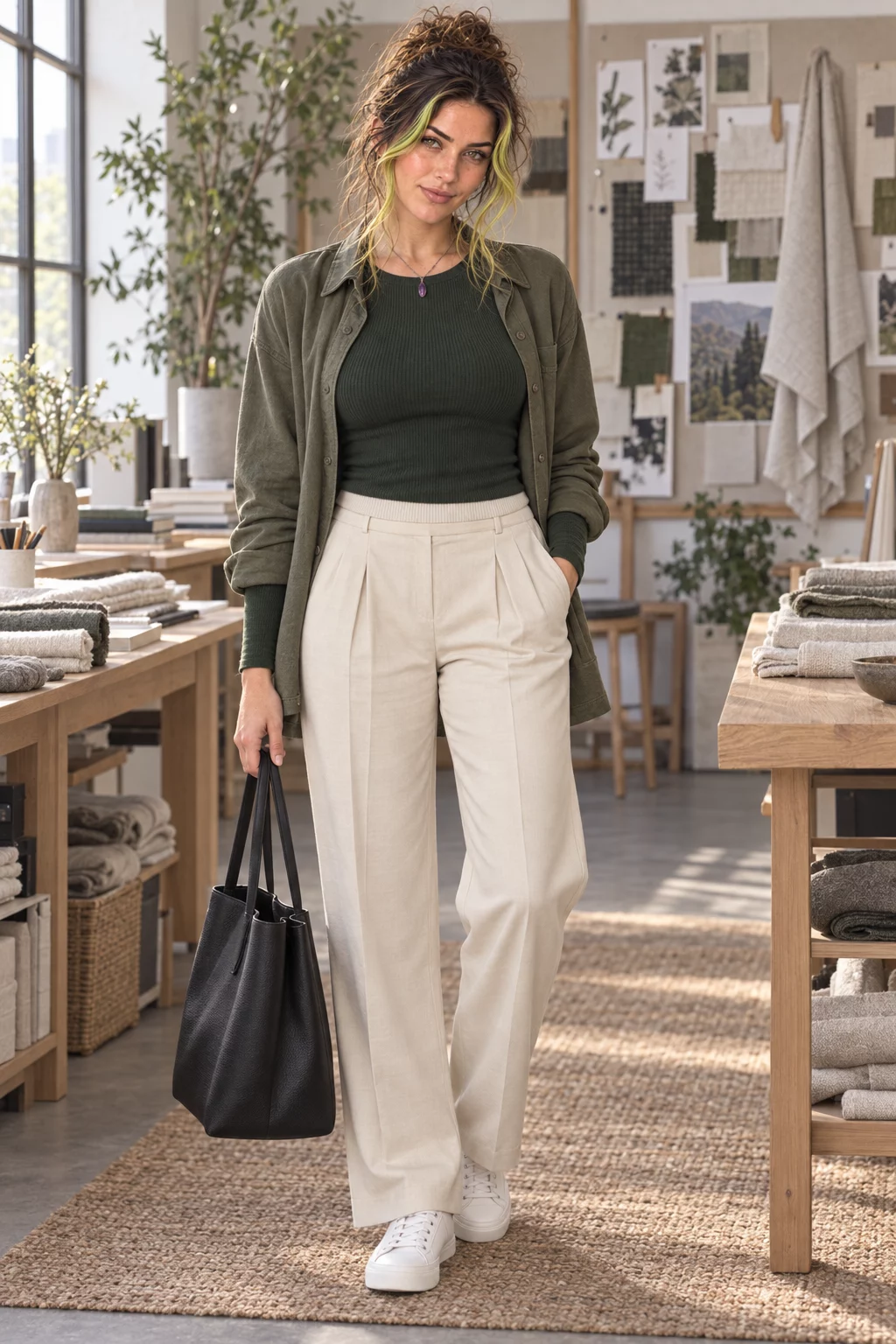Octavia in forest and cream layers in a textile studio