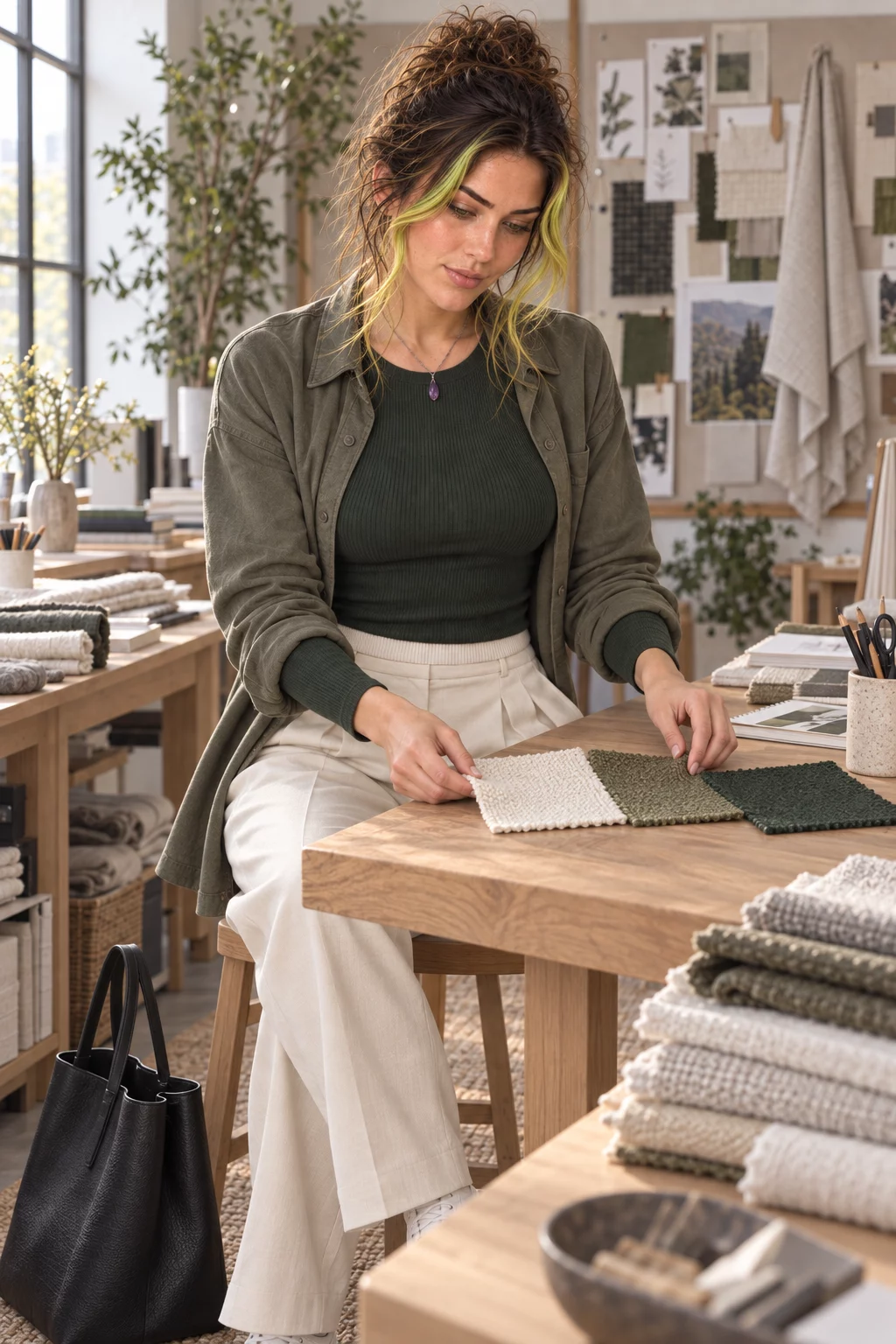 Octavia in forest and cream layers arranging cloth in the textile studio