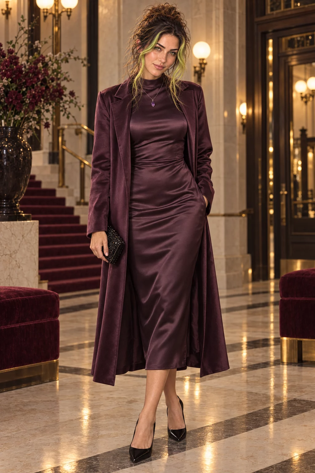 Octavia in a plum satin dress in the theatre foyer