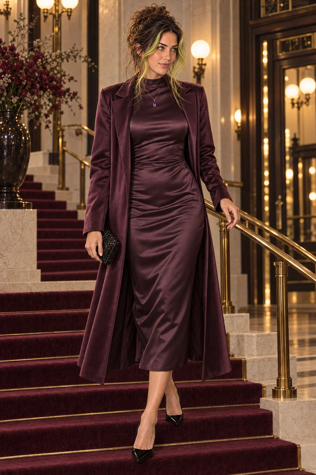 Octavia in a plum satin dress descending the theatre stair